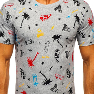 Men's Gray Short Sleeve O-Neck T-<b>Shirt</b> <b>100</b>% Cotton Regular Fit Casual Printed Jersey Knitted With Pattern Design - Product Image 5