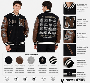 Men's Black Waterproof Varsity Jacket Brown Leather Sleeves Embroidered Patches 2025 N Logo Front Design Turn-down Collar Horn - Product Image 1