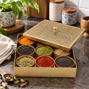 Caja de Especias Cuadrada de Latón Grabado, Masala Dabba, 9 Compartimentos, Tapa con Perilla, Contenedor de Almacenamiento de Cocina de Lujo, Fabricante Mayorista - Product Image 2
