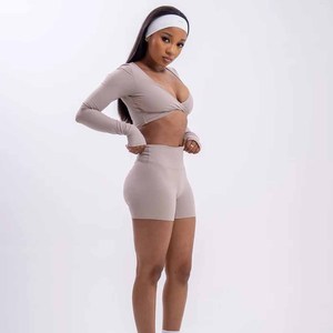 Custom Women's Clothing 2 Pieces <b>Set</b> Women Cross V-Neck Long Sleeve <b>Crop</b> <b>Top</b> Biker Shorts Women's <b>Sets</b> Wholesale Factory - Product Image 2