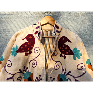 Veste en velours beige brodée, manteau court d'hiver, motif oiseau brodé, veste pour femme, coton tissé à la main, style bohème, cadeau pour elle - Product Image 4