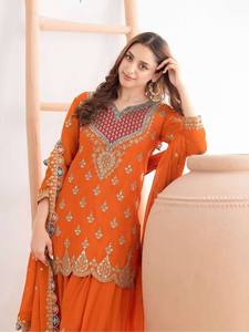 Ensemble Salwar en Rayonne Brodé Orange avec Dupatta, Coupe Ample, Tenue Traditionnelle Indienne et Pakistanaise pour Femme, Longueur au Sol, Toutes Saisons - Product Image 1