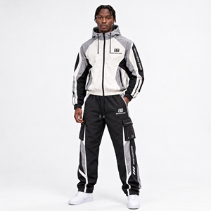 Ensemble survêtement homme vert olive et noir avec coupe-vent à panneaux incurvés et bordures blanches, pantalon de jogging, tenue streetwear 2 pièces, ensemble sportswear - Product Image 4