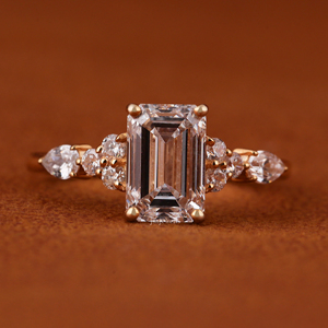 IGI Certified 14k Yellow Gold Emerald Cut Lab Grown Diamond Engagement Ring 2.00 Carat Cluster Setting CVD Diamond Wedding Rin - Product Image 1