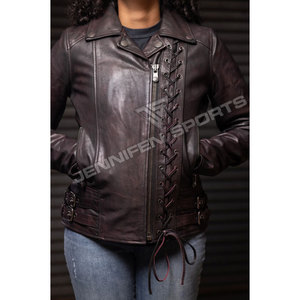 Chaqueta de cuero genuino para motocicleta para mujer con cordones, para adultos, de invierno, con cremallera, a la moda, en venta. - Product Image 6