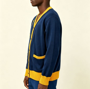 <b>Men's</b> Navy Blue And Yellow Knitted <b>Cardigan</b> V Neck Full Sleeve Button Closure Solid Color Autumn Sweater - Product Image 3