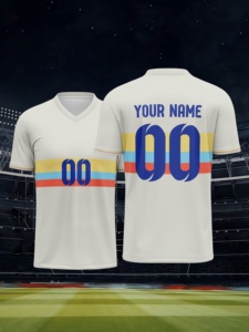 Camiseta de Fútbol Personalizada para Hombre, Color Crema, Diseño Retro a Rayas, Transpirable, Cuello en V, con Nombre Personalizado - Product Image 3