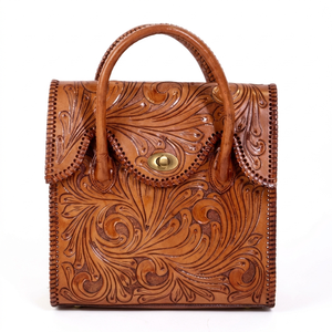 Sac à main vintage en cuir véritable pour femme, sac messager à poignée supérieure marron, sac fourre-tout rétro floral gaufré sculpté à la main - Product Image 1