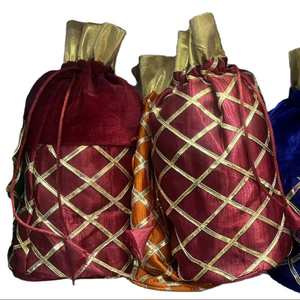 Luxury Velvet & Silk Potli Bags with Golden Lattice Design | <b>Drawstring</b> Gift <b>Pouch</b> for Wedding Return Gifts & Jewelry Packaging - Product Image 1
