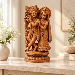 Statue en bois de Radha Krishna, idole de dieu hindou faite à la main, décoration de temple domestique, cadeau spirituel, décoration de Janmashtami Puja, art traditionnel - Product Image 1