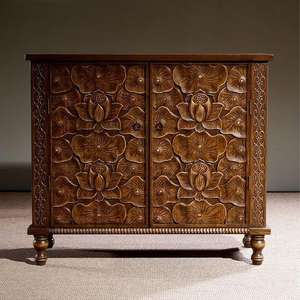 Hand-Carved Lotus Floral Relief Large Capacity Modern Design Solid Mango Wood <b>Sideboard</b> - Product Image 1