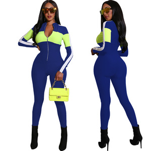 Combinaison longue à manches longues pour femme, noire et vert néon, à blocs de couleur, taille haute, coupe ajustée, fermeture éclair sur le devant, en Spandex et Polyester, style moderne - Product Image 6