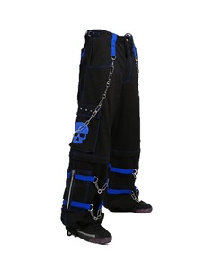 Pantalon unique pour homme noir avec imprimé crâne bleu, plusieurs poches, taille élastique, fermeture à cordon, décor chaîne, mode automne - Product Image 1