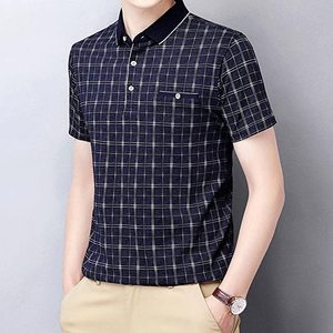 เสื้อเชิ้ตแขนสั้นลายสก็อตผู้ชาย ทรงปกติ สไตล์ลำลอง ผ้าถัก คอสูง ดีไซน์สวย 100% ผ้าฝ้าย ระบายอากาศได้ดี ทรงโอเวอร์ไซส์ - Product Image 1