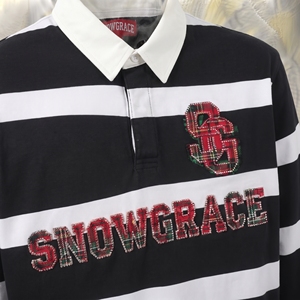 เสื้อเชิ้ตแขนสั้นลายทาง Snowgrace ระบายอากาศได้ดี ปักโลโก้ คอวี ทรงหลวม ใส่ได้ทั้งชายหญิง เด็กผู้ชาย ผ้าโพลีเอสเตอร์ 100% - Product Image 5
