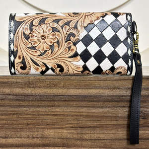 Cartera Larga de Cuero con Diseño Floral Grabado, Cuero Genuino Negro y Blanco, Bloqueo RFID, Monedero para Efectivo, Tarjetas y Monedas, Bolso de Viaje - Product Image 5