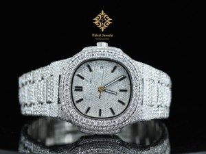 นาฬิกาเพชรหรูสำหรับผู้ชาย Pahal Jewels ตัวเรือนสแตนเลสทรงกลม 42 มม. ระบบอนาล็อก ควอตซ์ แสดงวันที่ สายแบบพับได้ - Product Image 1
