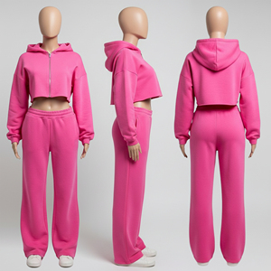 Custom Pink Crop Hoodie Sweatpants Set Womens Two Piece <b>Zip</b> <b>Up</b> <b>Cropped</b> Fleece Tracksuit High Waist Wide Leg Jogger Suit - Product Image 2