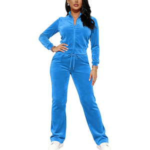 Conjunto Deportivo de Terciopelo Azul para Mujer, Top Corto con Capucha de Manga Larga, Pantalones Jogger, Estilo Casual Otoñal, Corte Holgado, Color Sólido, con Cordón Ajustable - Product Image 6