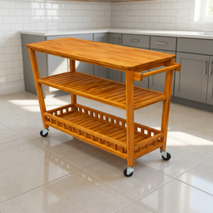 Chariot de bar à 3 niveaux en bois avec roulettes, design scandinave moderne, meuble de rangement autoportant pour la maison - Product Image 5
