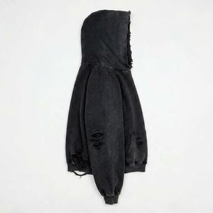 Sweat à capuche court oversize pour homme, noir, 100% coton French Terry, manches raglan, délavé, anti-boulochage, avec poches, pour l'automne - Product Image 5