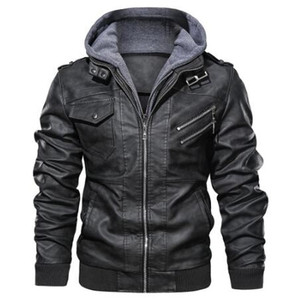 Veste à capuche en cuir noir pour homme, manches longues, coupe-vent, style automne - Product Image 1