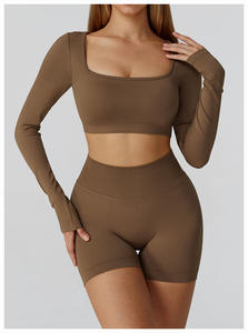 Ensembles de yoga taille haute rayés à manches longues pour le sport, contrôle du ventre, haute élasticité, séchage rapide, tenue de fitness et de course en gros - Product Image 4