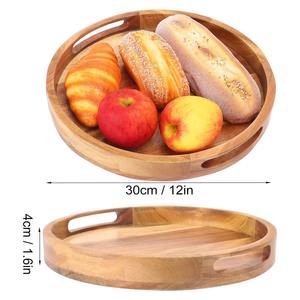 Juego de 2 bandejas redondas de madera de acacia, bandejas decorativas de madera con asas para mesa de centro, sala de estar y decoración de comedor. - Product Image 3