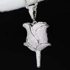 Rose Flower Moissanite Round Brilliant Cut Pendant Necklace <b>Iced</b> <b>Out</b> Floral Charm 925 Silver Hip Hop Unisex <b>Chains</b> Jewelry Gift - Product Image 1