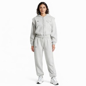 Heavyweight Women Fleece Zip Hoodies <b>Jogger</b> <b>Set</b> Elastic Waist Full Zip Tracksuit for Private Label Wholesale Tracksuits OEM - Product Image 1