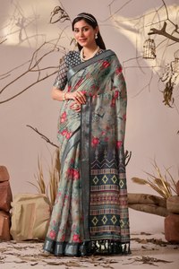 Sari de Lino y Seda Gris Elegante al por Mayor, Lujoso con Estampado Floral Digital, Traje Tradicional Indio con Borde Zari y Patrones Contrastantes - Product Image 4