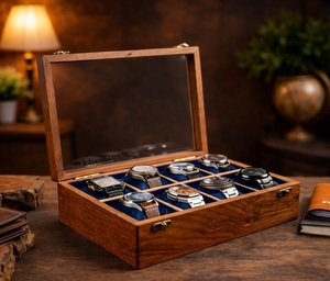 Boîte de présentation pour montres et bijoux AHTE MANUEXPO en bois de rose indien pour hommes, avec couvercle en verre et doublure en velours, organisateur à 12 compartiments, cadeau solide UR-065 - Product Image 4