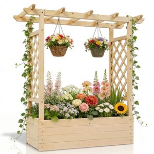43.5*17.5*44.5 in Fir with <b>Arched</b> Lattice Raised <b>Garden</b> Bed <b>Wooden</b> Planting Frame Natural Fencing Trellis & <b>Gates</b> - Product Image 3