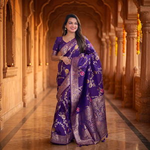 <b>Purple</b> Color Banarasi Silk <b>Saree</b> with Zari Weaving Meenakari Design Rich Pallu Traditional Indian Wedding Wear for Women - Product Image 4
