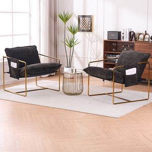 Juego de caja de 2 sillas gris oscuro Sillón colgante tapizado Bolsillos para brazos Marco de metal Artesanía chapada en oro Sala de estar triturada - Product Image 2