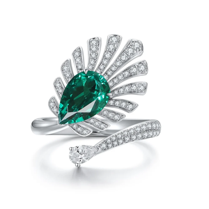 Luxury Women's White Gold Cocktail Ring With Pear Cut Emerald And Diamond Wings Pave Setting - Product Image 5