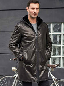 Men's Long PU Leather Jacket With <b>Faux</b> <b>Fur</b> Lining Hooded Zipper Closure Windproof Winter <b>Coat</b> Casual Style - Product Image 2