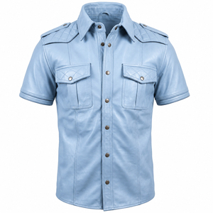 เสื้อเชิ้ตหนังสีน้ำตาลวินเทจสำหรับผู้ชาย แขนสั้น กันน้ำ ระบายอากาศได้ดี ติดกระดุม สไตล์ไบค์เกอร์ ไหล่แบบเย็บติด ป้องกันรังสียูวี - Product Image 1