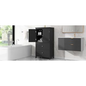 Mobiletto da Bagno con Ripiani Regolabili, Due Ante e Cassetti in MDF Nero - Arredo Bagno - Product Image 4