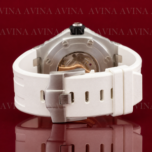 Montre chronographe de luxe pour homme sertie de moissanite |   Montre avec bracelet en caoutchouc rouge et diamants |   Montre sportive Hip Hop en or rose - Product Image 4
