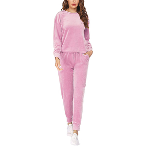 Women Pink Velvet <b>Tracksuit</b> Set Long Sleeve Crew Neck Full Length Pants Casual Winter Wear Solid Color 100% Polyester - Product Image 2