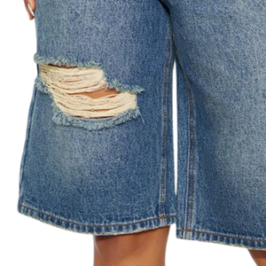Women's Blue Denim for Wash Mid Waist Loose Fit Knee Length Distressed Ripped Detail Quick Dry Breathable Casual Summer - Product Image 5