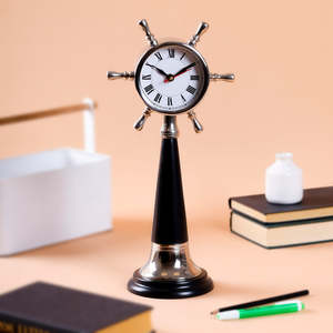 <b>Vintage</b> Nautical Ship Wheel Table <b>Clock</b> with Polished Silver Finish and Black Wooden Pedestal Decorative Maritime Desk <b>Clock</b> - Product Image 1
