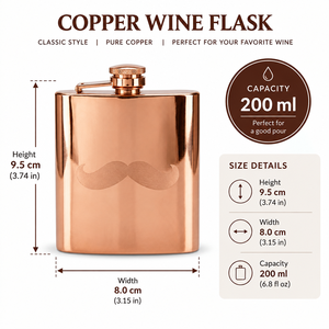 Mustache Etched Copper Finish Metal Hip Flask with Hinged Cap Novel Design for Men Travel Barware Gift Wholesale Export Supplier - Product Image 2