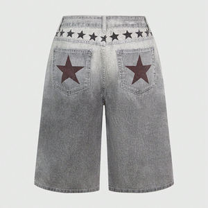 Shorts Vaqueros Grises Retro con Estampado de Notas Musicales, Corte Medio, Lavado Vintage, Casuales, de Moda, para Mujer, Estilo Urbano, Verano - Product Image 6