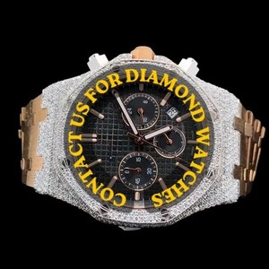 Reloj de Cuarzo de Alta Calidad con Cronógrafo, Esfera Negra, Adornado con Diamantes Moissanite, Correa de Acero Inoxidable, Precio Accesible para Hombre - Product Image 1