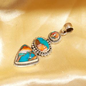 <b>Top</b> Grade Spiny Oyster Copper Turquoise Pendant 925 <b>Silver</b> Handmade Oval Shape Gemstone Inlay Jewelry Gift - Product Image 3