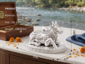 พระพุทธรูปนันดีชุบเงิน 999 จาก Jaipur Metals |   รูปปั้นตกแต่งบ้านทำมือจากทองเหลืองแท้ 100% |   10x6x6 ซม. |   198 กรัม |   พูจาและของขวัญ - Product Image 3