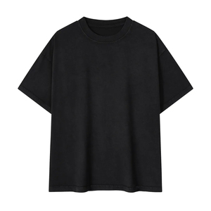 เสื้อยืดแขนสั้นผู้ชายสีดำทรงโอเวอร์ไซส์ คอกลม ผ้าถักเนื้อฝ้าย สีพื้น ดีไซน์เรียบง่าย ทรงปกติ - Product Image 1