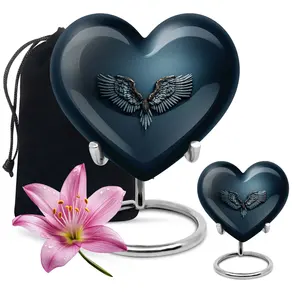 Urna Conmemorativa de Aluminio Azul con Forma de Corazón, Decorativa, con Alas, Compacta, Superficie Pulida Brillante, Alas de Ángel en Relieve - Product Image 3